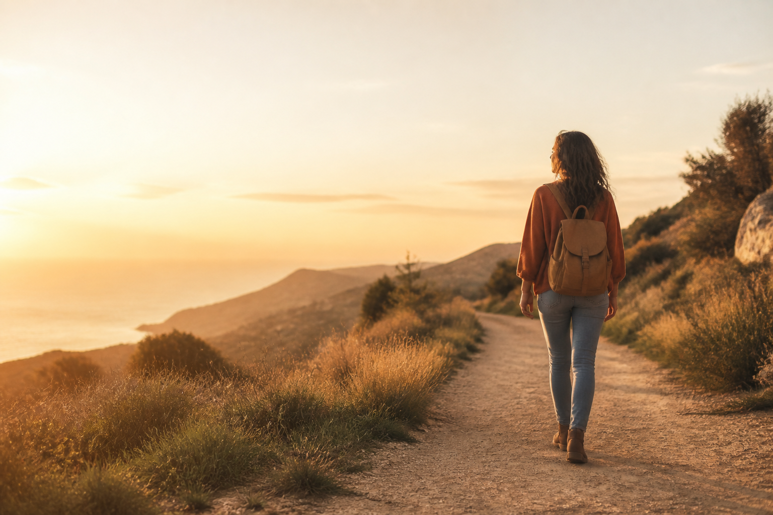 Person walking confidently outdoors at golden hour