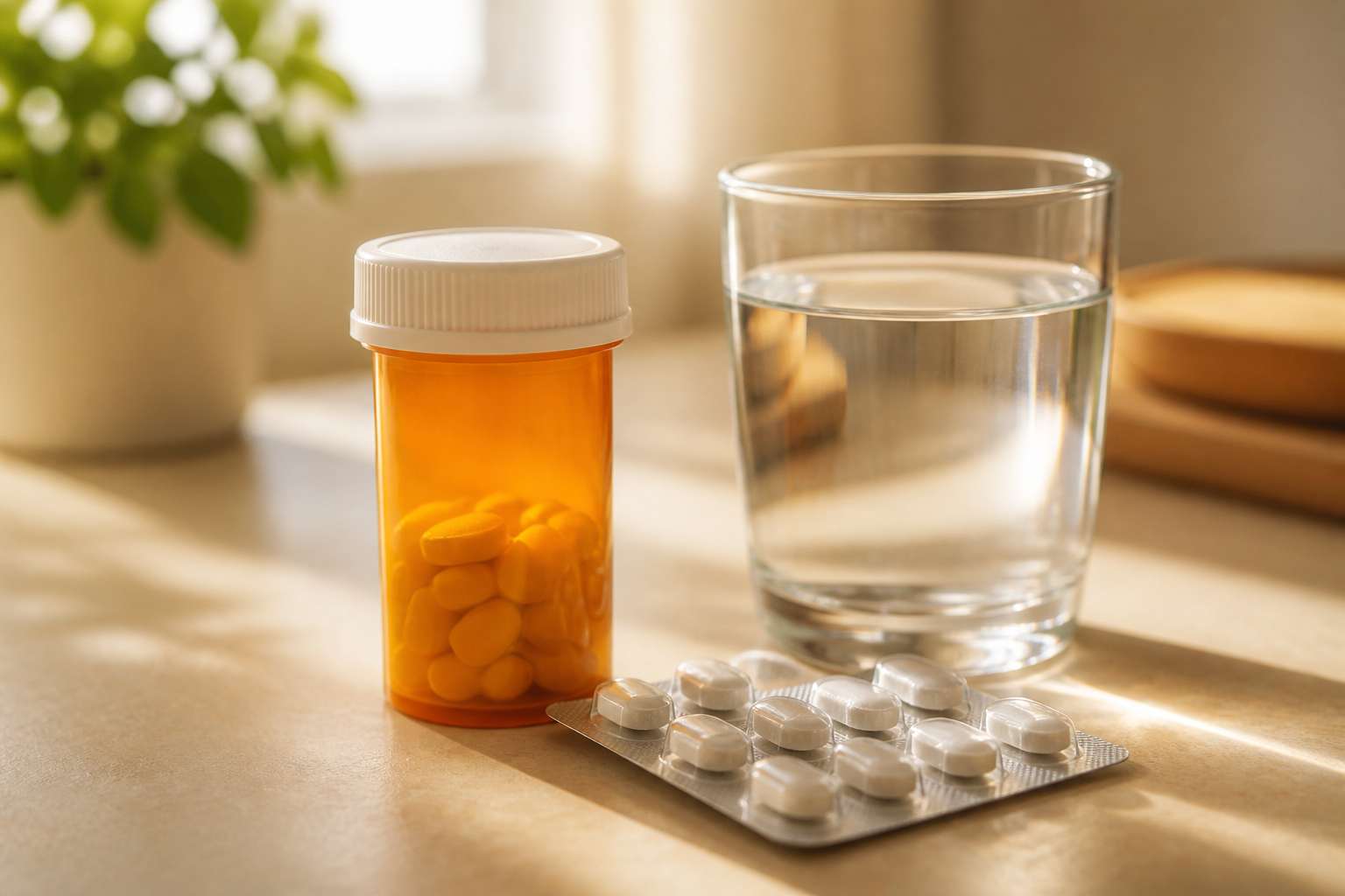Prescription medication and water glass, calm still life